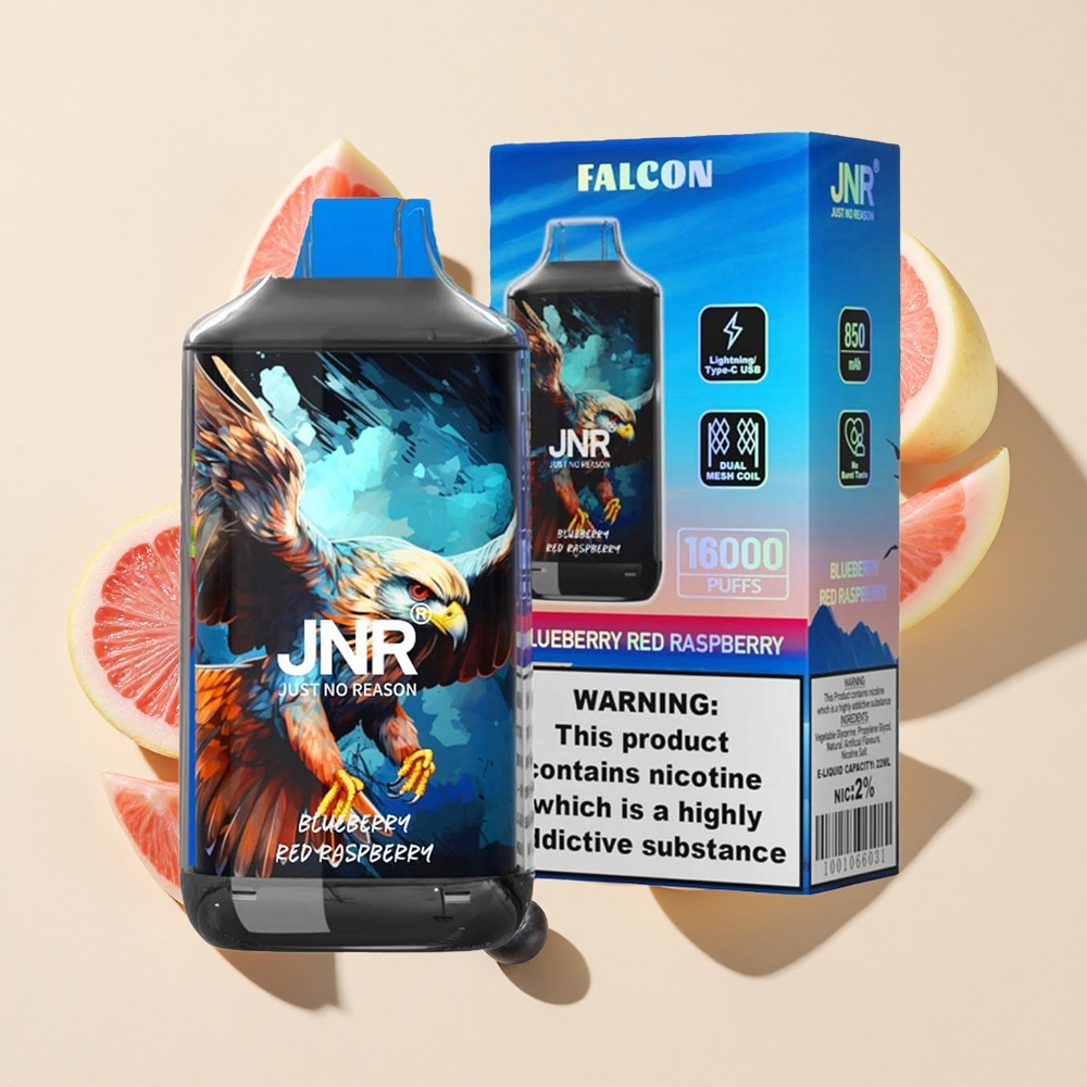 תפוח כחול פטל אדום JNR Falcon 16000 מפיות סוללה 850 mAh נוזל 22ml סליל כפול רשת טעינה Type C וברקין תצוגת LED